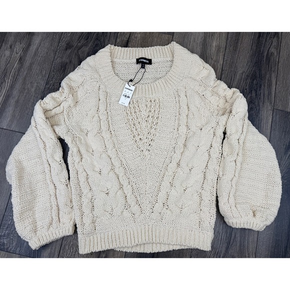 NWT EXPRESS Chunky Cable Knit Sweater Cream Ivory Cotton Size S - Picture 9 of 10